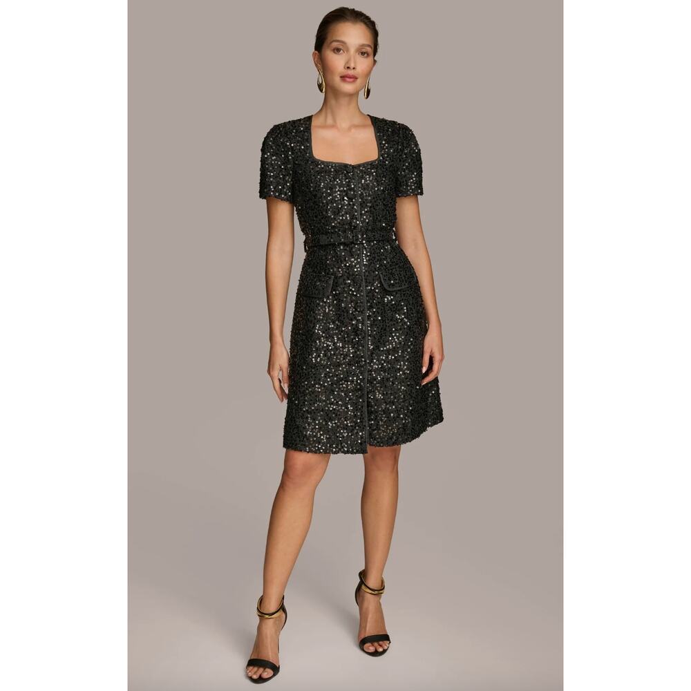 Donna Karan Square Neck Sequin A Line Dress Black Classic Knee Length US 8 NWT